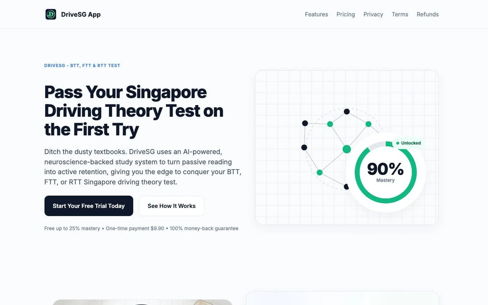 The DriveSG homepage, a driving-test prep app site built by WebWorks.