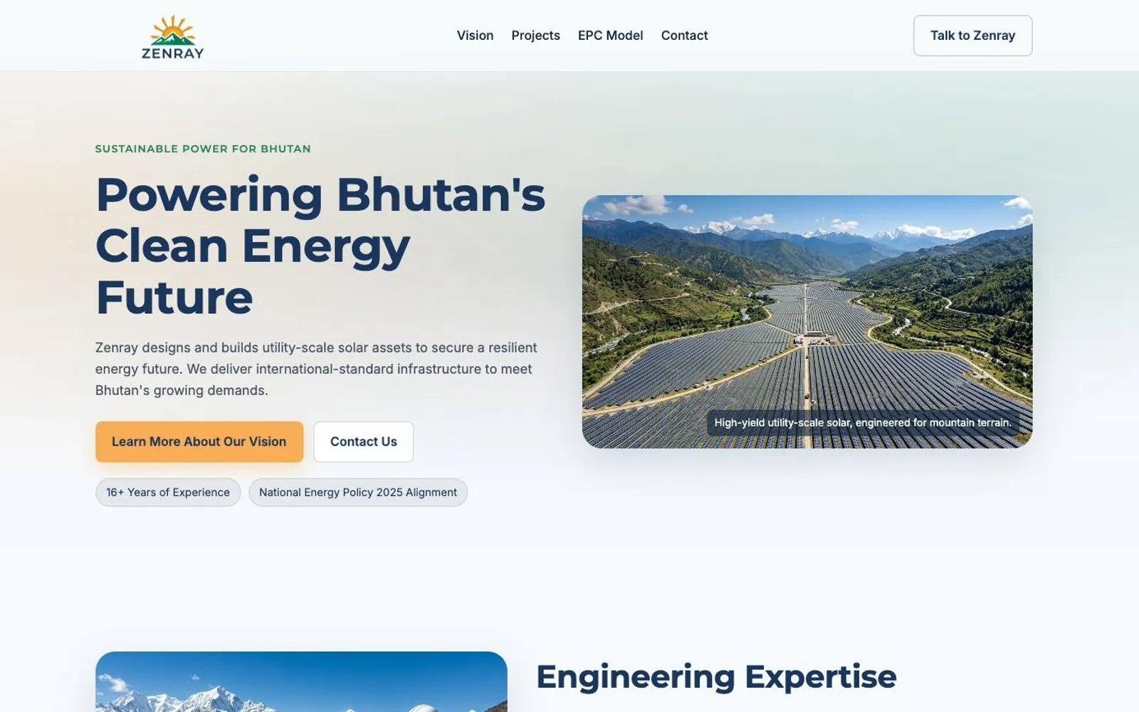 The Zenray homepage, a utility-scale solar hardware site built by WebWorks.